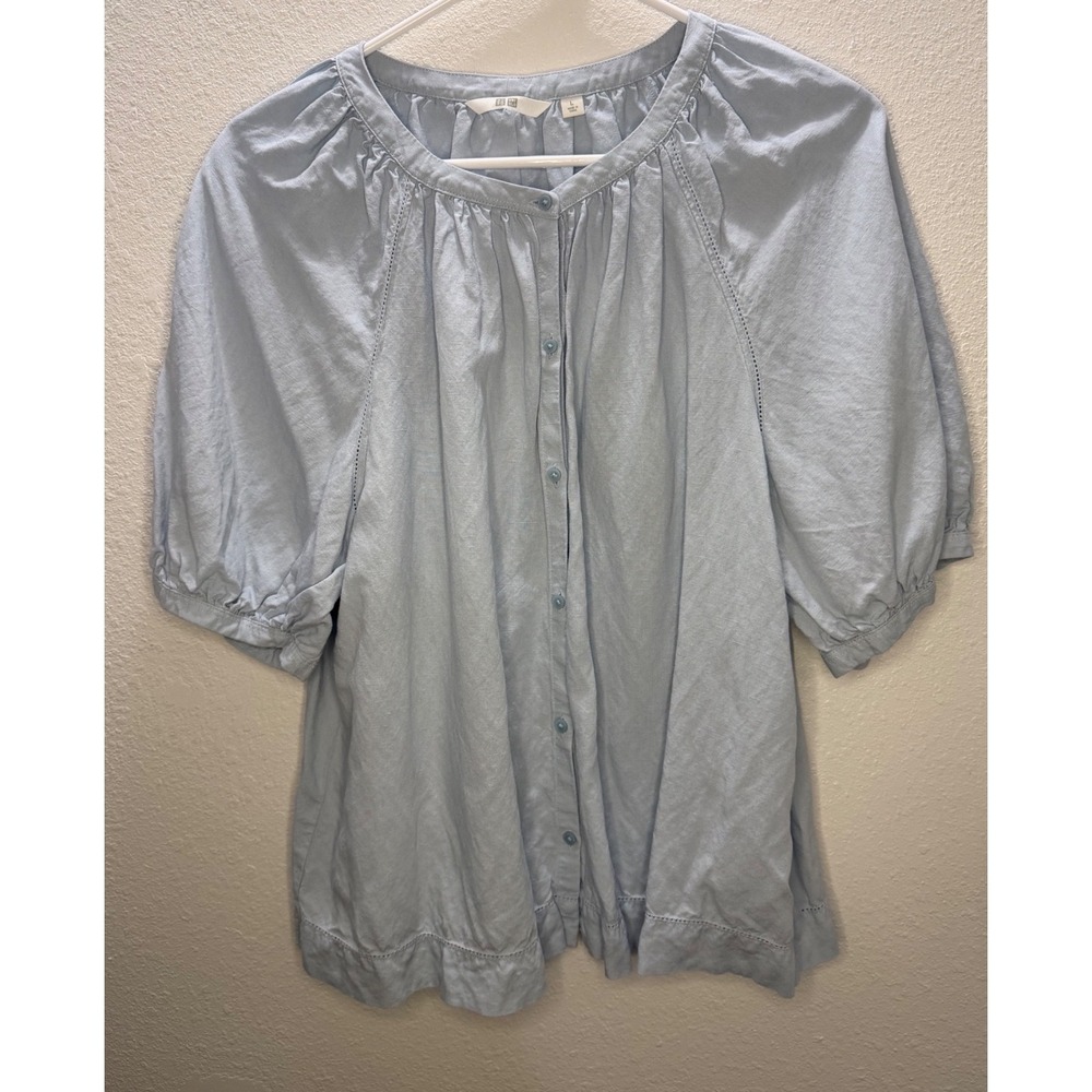 Uniqlo Women Light Blue Linen Blend Puff Sleeve Button Blouse 231-475655 Large